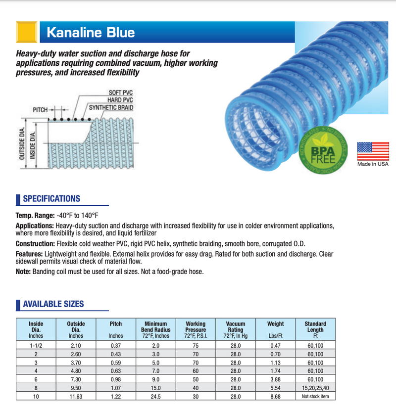 Kanaline Blue Cold Weather Heavy Duty PVC Water Suction/Discharge Hose with Outer Helix.