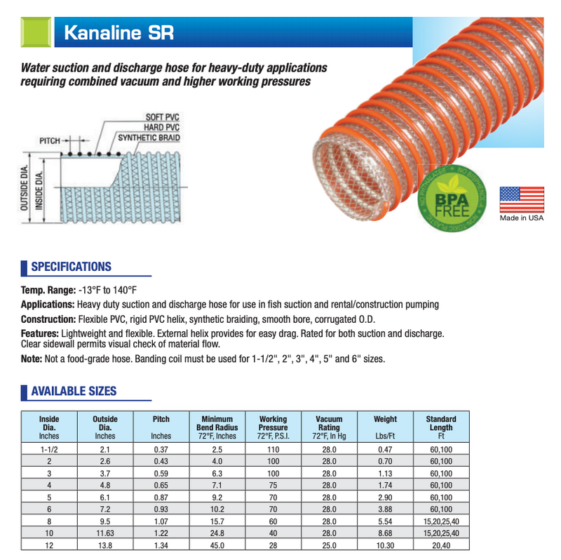 Kanaline SR - Heavy Duty PVC Water Suction/Discharge Hose with Outer Helix.